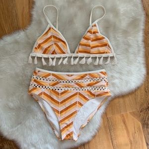 Forever 21 Boho Chevron Tassel Fringe Striped High Waist Bikini Top Bottom Set